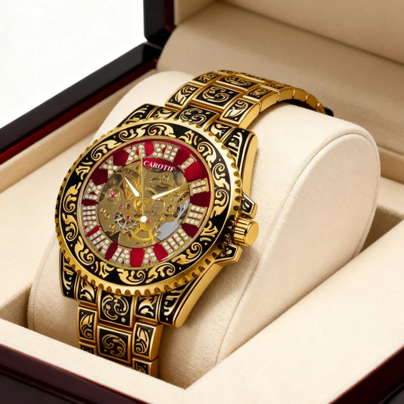 A men's black and red vintage luxury-style fully automatic mechanical watch with exquisite engravings