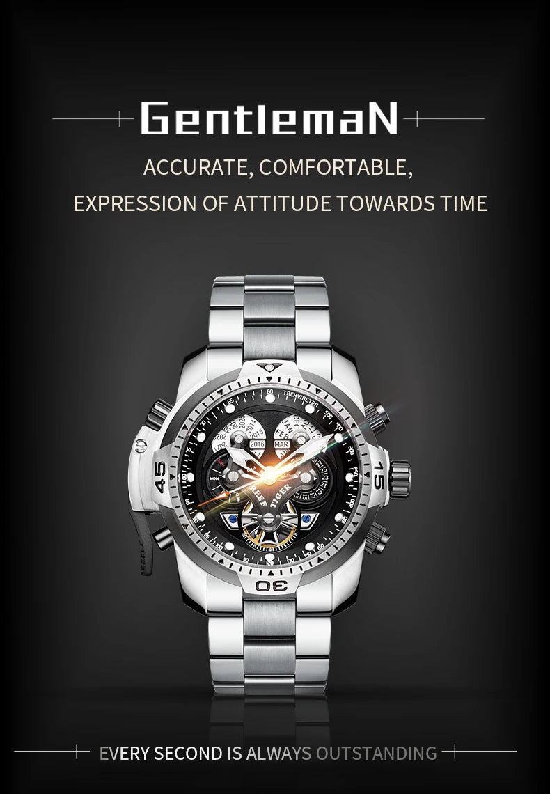 Reef Tiger/RT Designer Stainless Steel Completed Calendar Automatic Watch Men Date Rose Gold Bracelet Mechanical Watches RGA3503