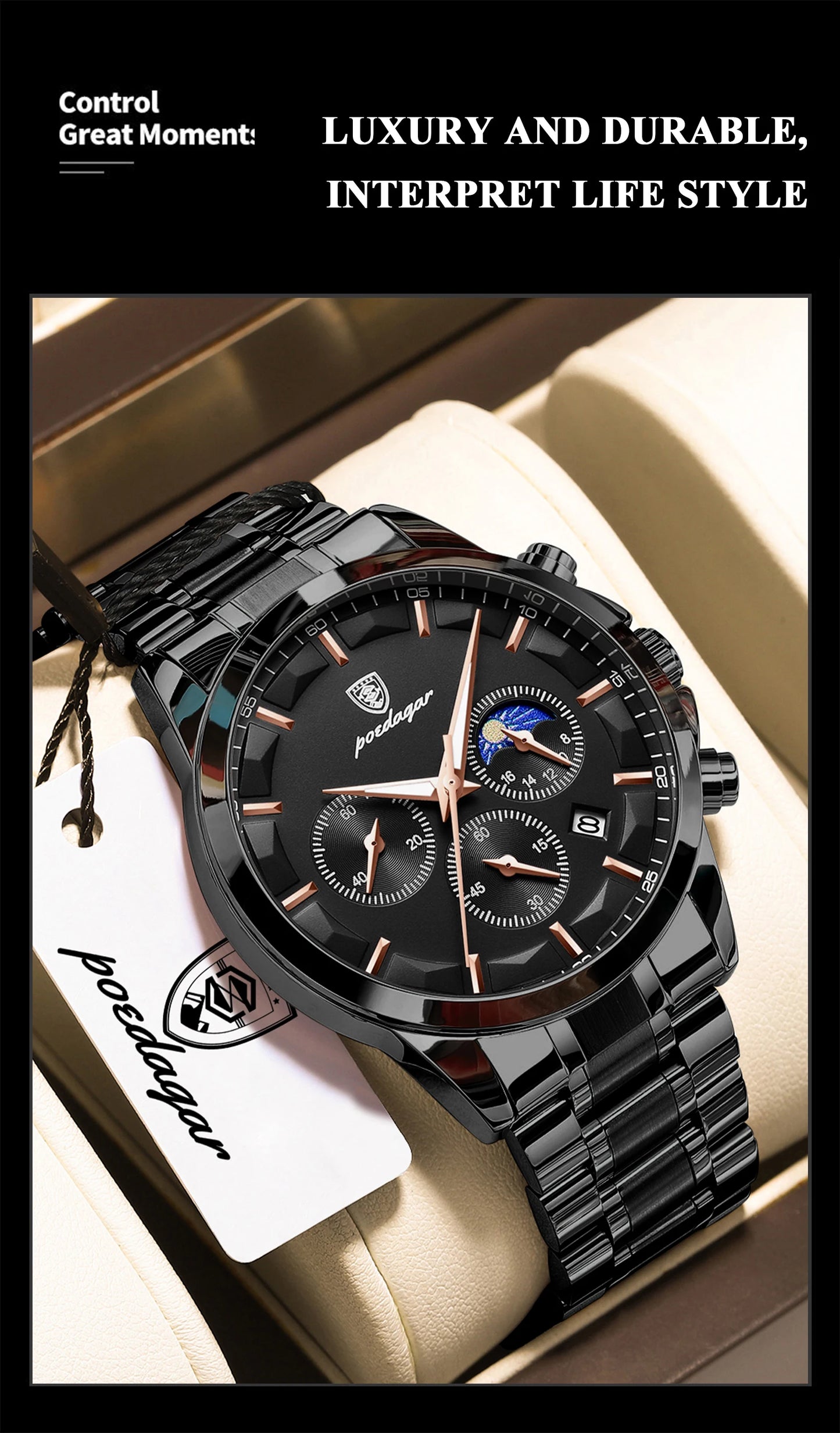 POEDAGAR Top Business Men's Watches Waterproof Luminous Stainless Steel Fashion Men Wristwatch Chronograph Date Man Quartz Watch