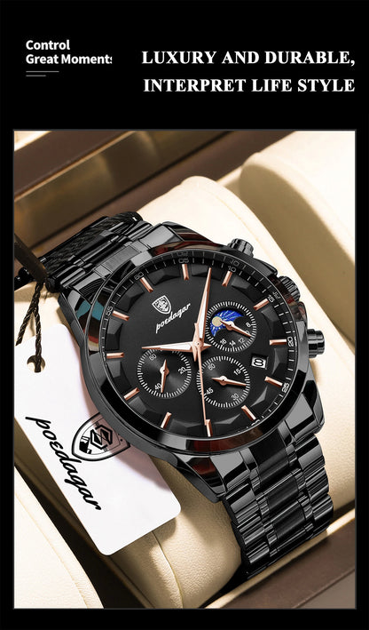 POEDAGAR Top Business Men's Watches Waterproof Luminous Stainless Steel Fashion Men Wristwatch Chronograph Date Man Quartz Watch