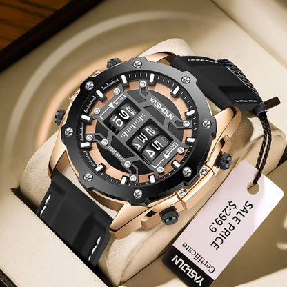 YASHIDUN Men Quartz Watch Roller Digital Dial Design Silicone Strap Versatile Wristwatch Clock Waterproof Military Sports Clock