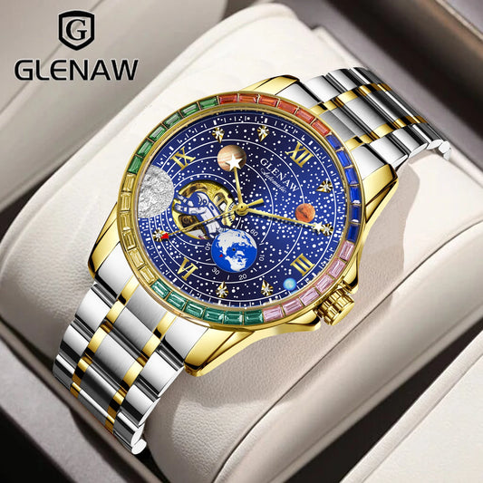 New GLENAW Rotating Earth Mechanical Watch Men Space astronaut dial Night Light Waterproof Stainless Steel Strap Automatic Watch