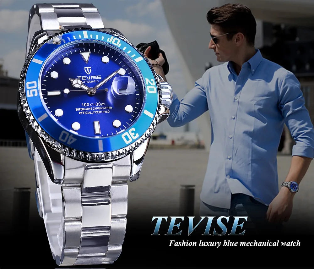 TEVISE Men's Luxury Automatic Mechanical Watch Blue Ocean Dial Stainless Steel Sport Watch, Business Casual Style with Date D