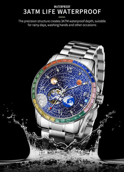 New GLENAW Rotating Earth Mechanical Watch Men Space astronaut dial Night Light Waterproof Stainless Steel Strap Automatic Watch