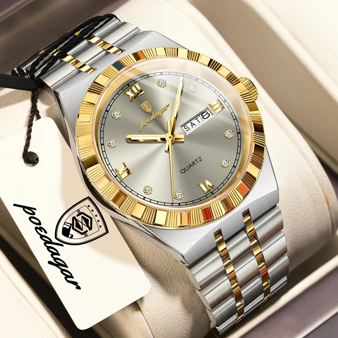 POEDAGAR Business Male Watches Waterproof Luminous Week Date Fashion Men's Wristwatch Stainless Steel Quartz Watch For Men Reloj